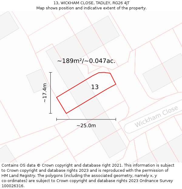 13, WICKHAM CLOSE, TADLEY, RG26 4JT: Plot and title map