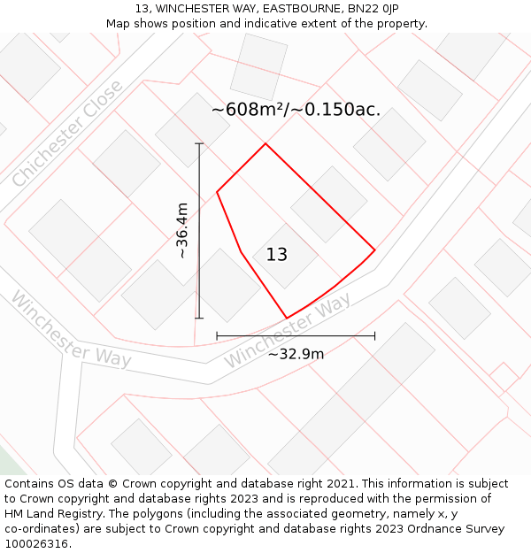 13, WINCHESTER WAY, EASTBOURNE, BN22 0JP: Plot and title map