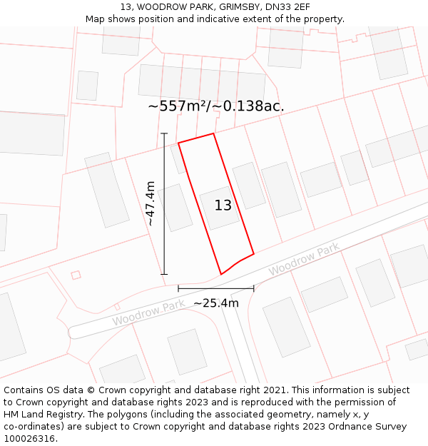 13, WOODROW PARK, GRIMSBY, DN33 2EF: Plot and title map