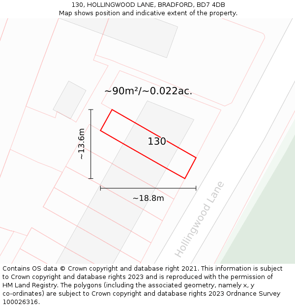 130, HOLLINGWOOD LANE, BRADFORD, BD7 4DB: Plot and title map
