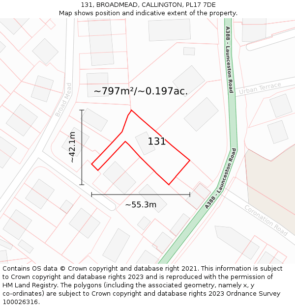 131, BROADMEAD, CALLINGTON, PL17 7DE: Plot and title map
