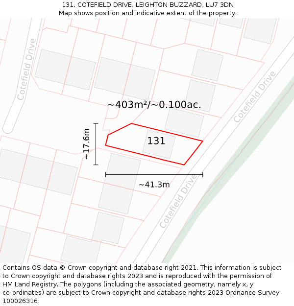 131, COTEFIELD DRIVE, LEIGHTON BUZZARD, LU7 3DN: Plot and title map