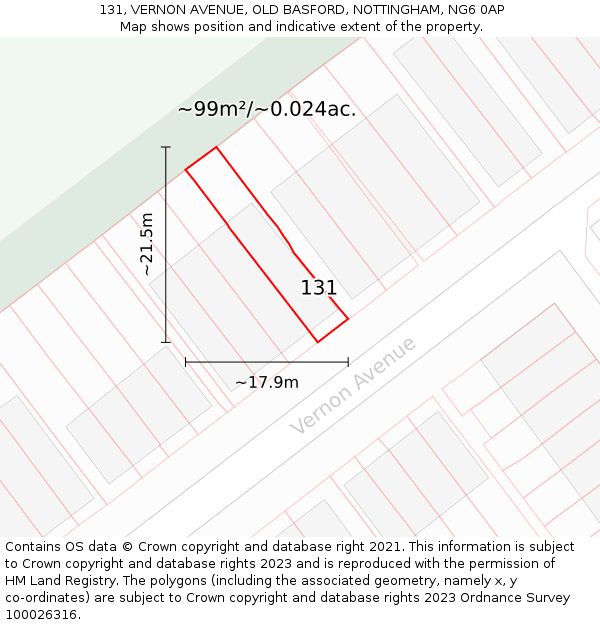 131, VERNON AVENUE, OLD BASFORD, NOTTINGHAM, NG6 0AP: Plot and title map