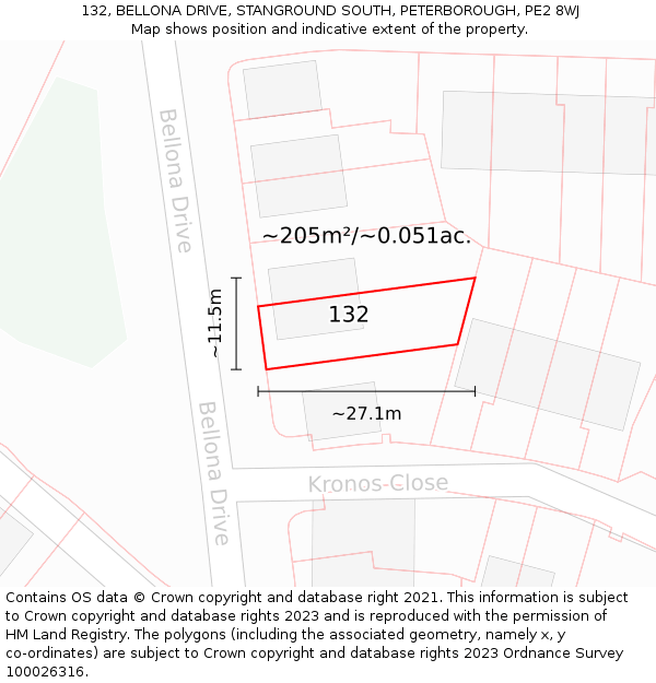 132, BELLONA DRIVE, STANGROUND SOUTH, PETERBOROUGH, PE2 8WJ: Plot and title map