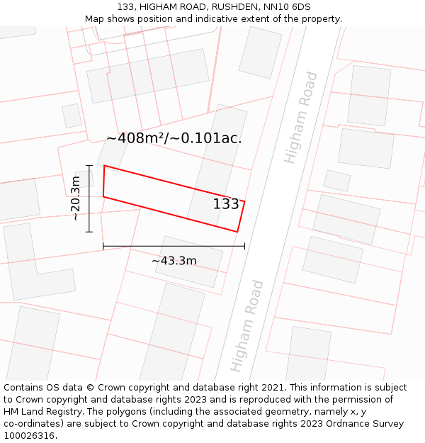 133, HIGHAM ROAD, RUSHDEN, NN10 6DS: Plot and title map