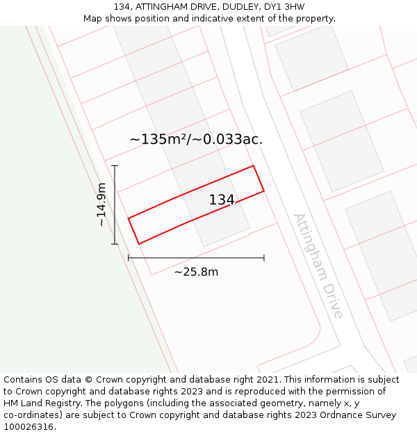 134, ATTINGHAM DRIVE, DUDLEY, DY1 3HW: Plot and title map