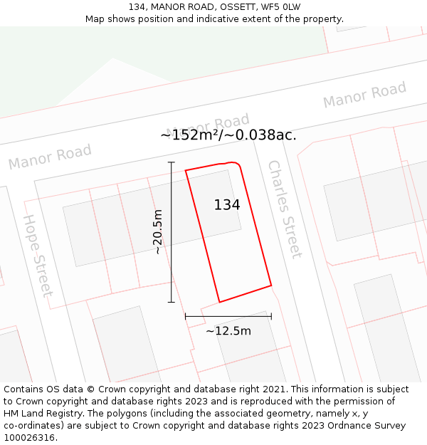 134, MANOR ROAD, OSSETT, WF5 0LW: Plot and title map