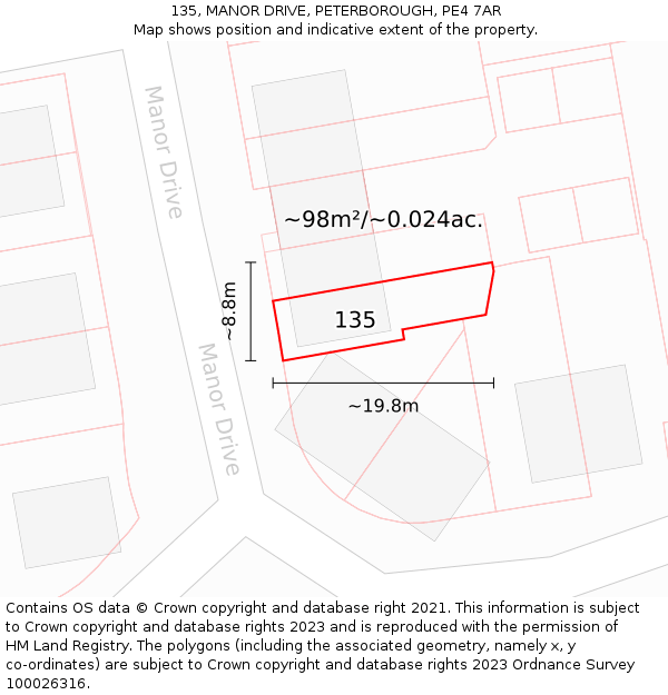 135, MANOR DRIVE, PETERBOROUGH, PE4 7AR: Plot and title map