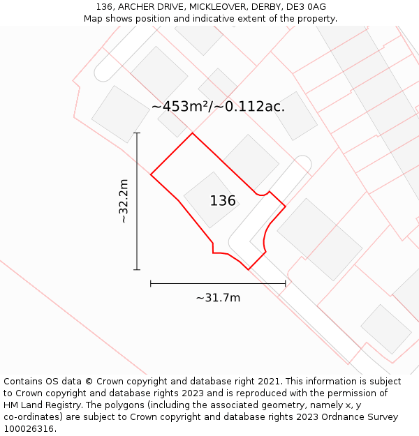 136, ARCHER DRIVE, MICKLEOVER, DERBY, DE3 0AG: Plot and title map