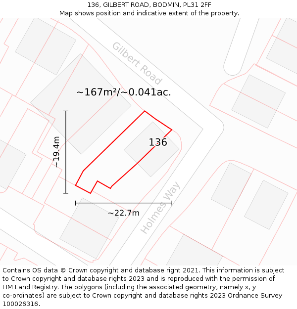 136, GILBERT ROAD, BODMIN, PL31 2FF: Plot and title map