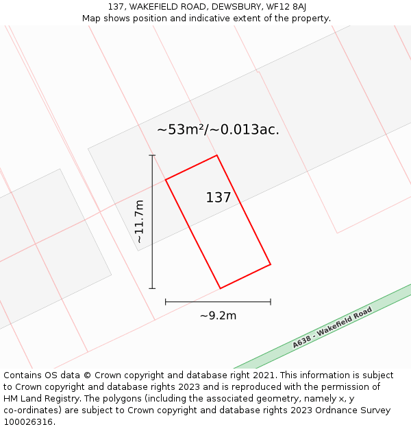 137, WAKEFIELD ROAD, DEWSBURY, WF12 8AJ: Plot and title map