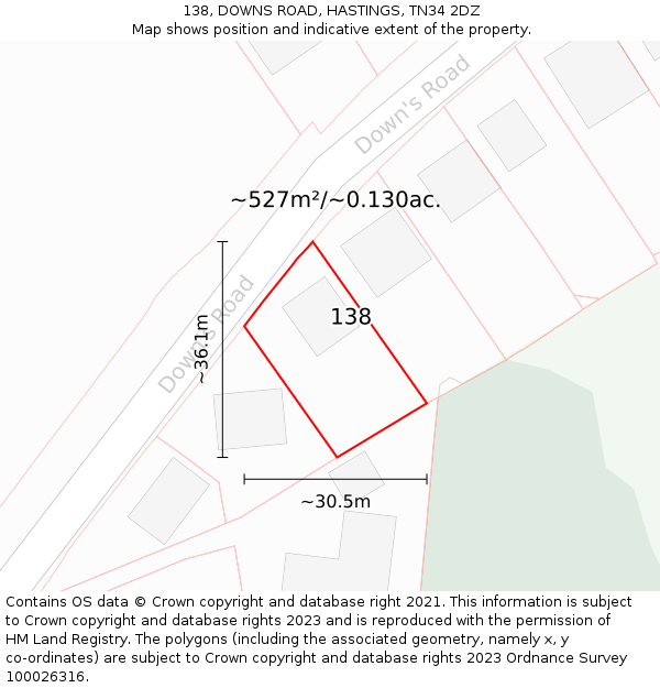 138, DOWNS ROAD, HASTINGS, TN34 2DZ: Plot and title map
