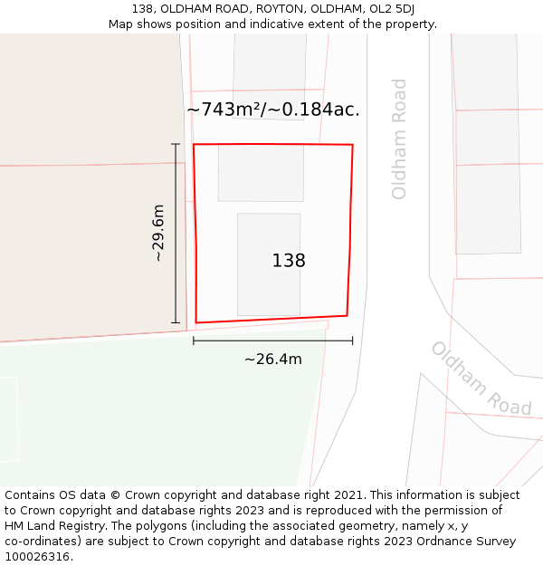 138, OLDHAM ROAD, ROYTON, OLDHAM, OL2 5DJ: Plot and title map
