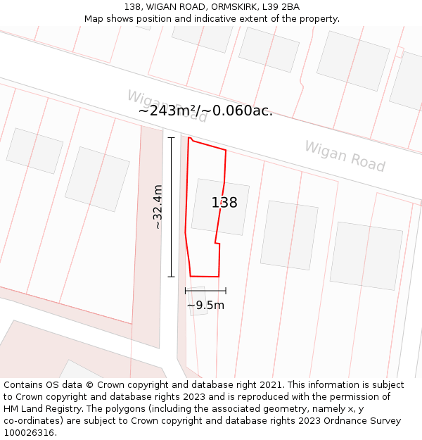 138, WIGAN ROAD, ORMSKIRK, L39 2BA: Plot and title map