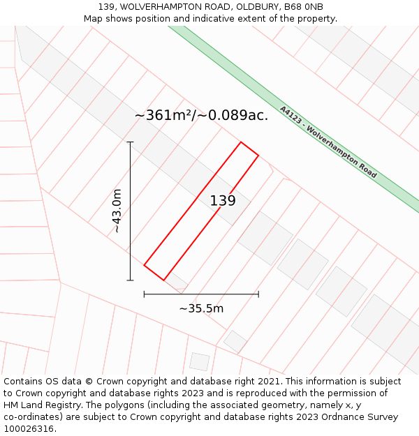 139, WOLVERHAMPTON ROAD, OLDBURY, B68 0NB: Plot and title map