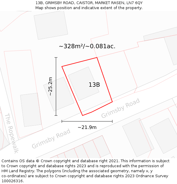 13B, GRIMSBY ROAD, CAISTOR, MARKET RASEN, LN7 6QY: Plot and title map