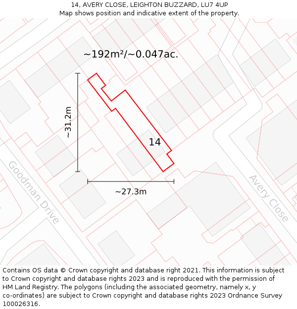 14, AVERY CLOSE, LEIGHTON BUZZARD, LU7 4UP: Plot and title map