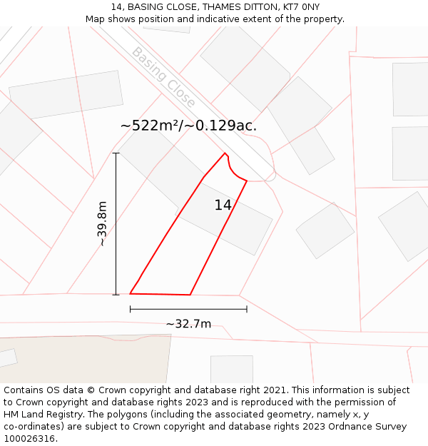 14, BASING CLOSE, THAMES DITTON, KT7 0NY: Plot and title map