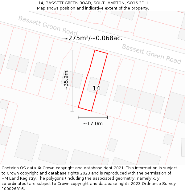 14, BASSETT GREEN ROAD, SOUTHAMPTON, SO16 3DH: Plot and title map