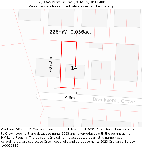 14, BRANKSOME GROVE, SHIPLEY, BD18 4BD: Plot and title map