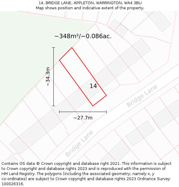 14, BRIDGE LANE, APPLETON, WARRINGTON, WA4 3BU: Plot and title map