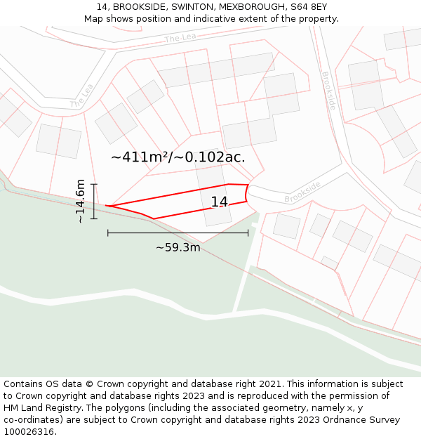 14, BROOKSIDE, SWINTON, MEXBOROUGH, S64 8EY: Plot and title map