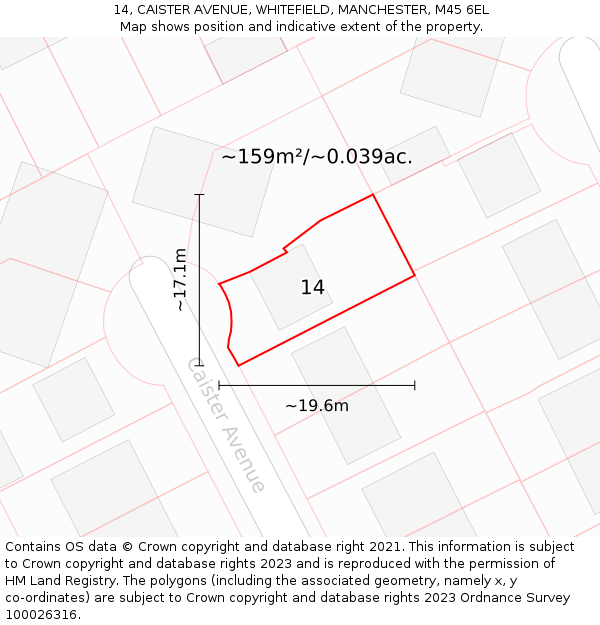 14, CAISTER AVENUE, WHITEFIELD, MANCHESTER, M45 6EL: Plot and title map