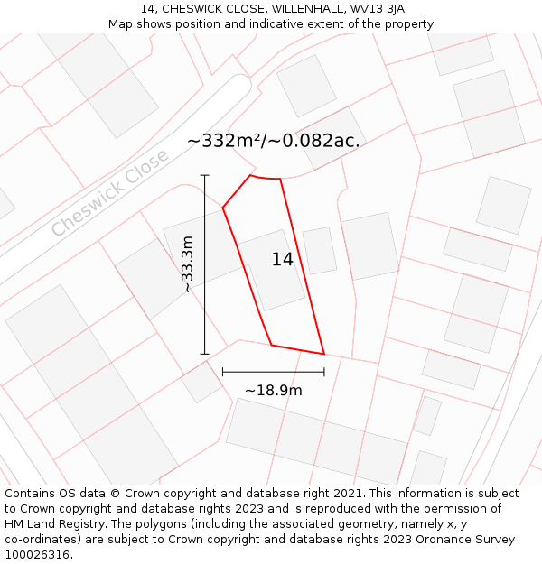 14, CHESWICK CLOSE, WILLENHALL, WV13 3JA: Plot and title map