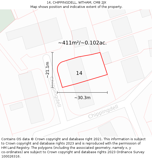 14, CHIPPINGDELL, WITHAM, CM8 2JX: Plot and title map