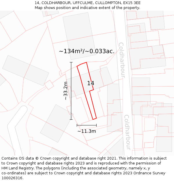 14, COLDHARBOUR, UFFCULME, CULLOMPTON, EX15 3EE: Plot and title map