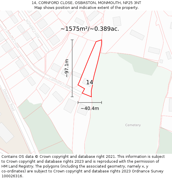 14, CORNFORD CLOSE, OSBASTON, MONMOUTH, NP25 3NT: Plot and title map