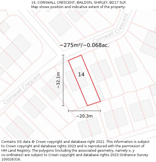 14, CORNWALL CRESCENT, BAILDON, SHIPLEY, BD17 5LR: Plot and title map