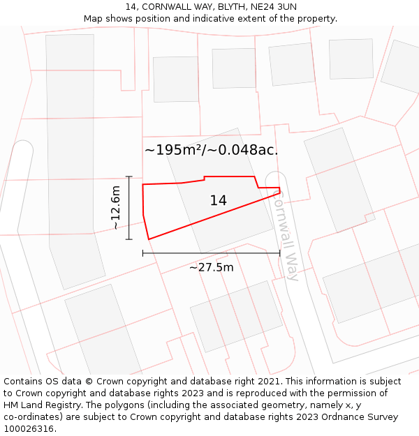 14, CORNWALL WAY, BLYTH, NE24 3UN: Plot and title map
