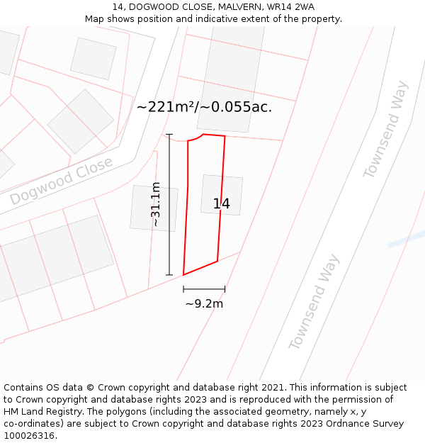 14, DOGWOOD CLOSE, MALVERN, WR14 2WA: Plot and title map
