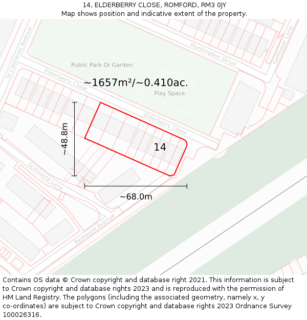 14, ELDERBERRY CLOSE, ROMFORD, RM3 0JY: Plot and title map