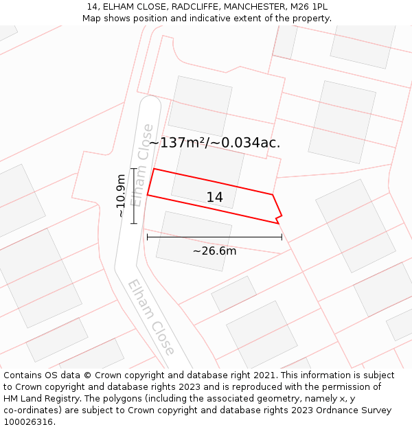 14, ELHAM CLOSE, RADCLIFFE, MANCHESTER, M26 1PL: Plot and title map