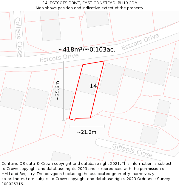 14, ESTCOTS DRIVE, EAST GRINSTEAD, RH19 3DA: Plot and title map