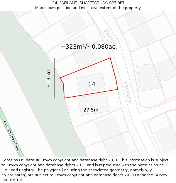 14, FAIRLANE, SHAFTESBURY, SP7 8RT: Plot and title map