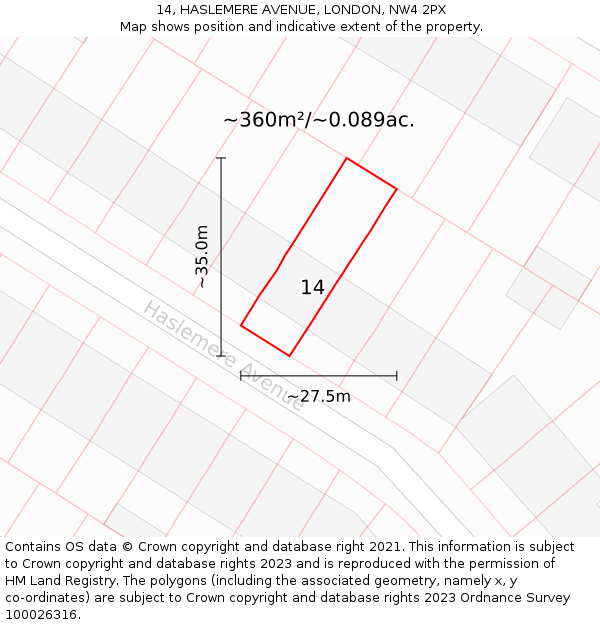 14, HASLEMERE AVENUE, LONDON, NW4 2PX: Plot and title map