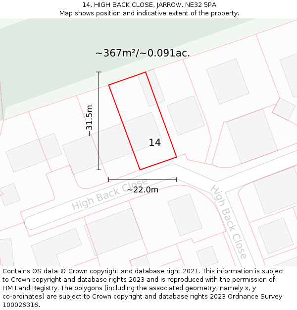 14, HIGH BACK CLOSE, JARROW, NE32 5PA: Plot and title map