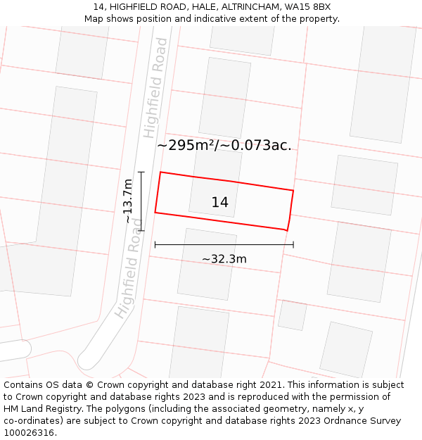 14, HIGHFIELD ROAD, HALE, ALTRINCHAM, WA15 8BX: Plot and title map