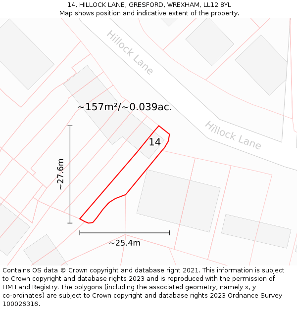 14, HILLOCK LANE, GRESFORD, WREXHAM, LL12 8YL: Plot and title map