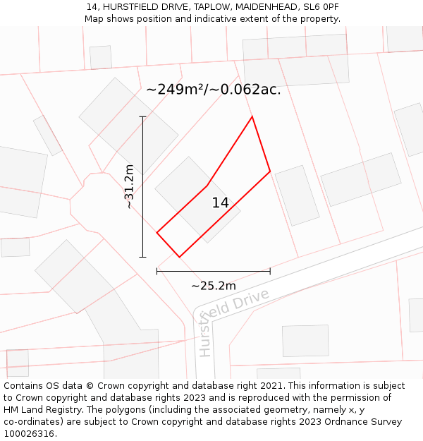 14, HURSTFIELD DRIVE, TAPLOW, MAIDENHEAD, SL6 0PF: Plot and title map