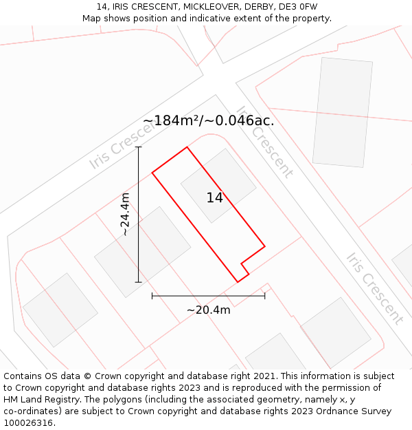 14, IRIS CRESCENT, MICKLEOVER, DERBY, DE3 0FW: Plot and title map
