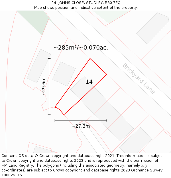 14, JOHNS CLOSE, STUDLEY, B80 7EQ: Plot and title map