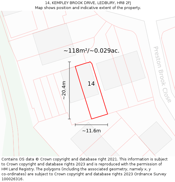 14, KEMPLEY BROOK DRIVE, LEDBURY, HR8 2FJ: Plot and title map