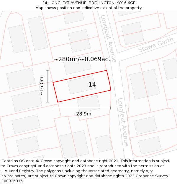 14, LONGLEAT AVENUE, BRIDLINGTON, YO16 6GE: Plot and title map