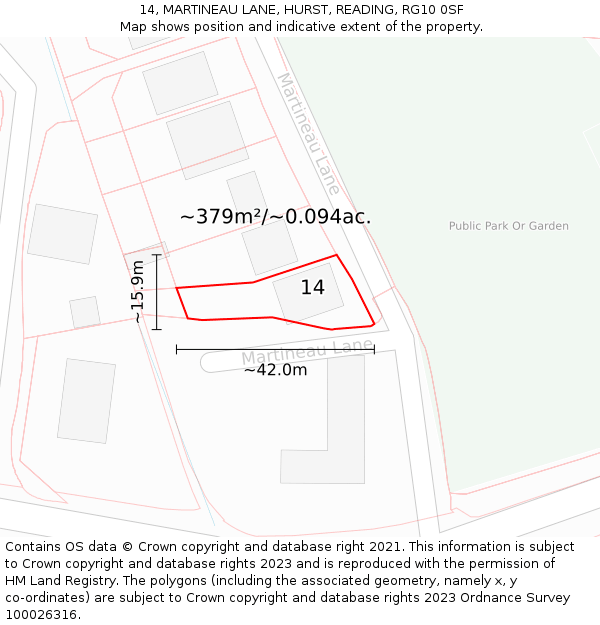 14, MARTINEAU LANE, HURST, READING, RG10 0SF: Plot and title map