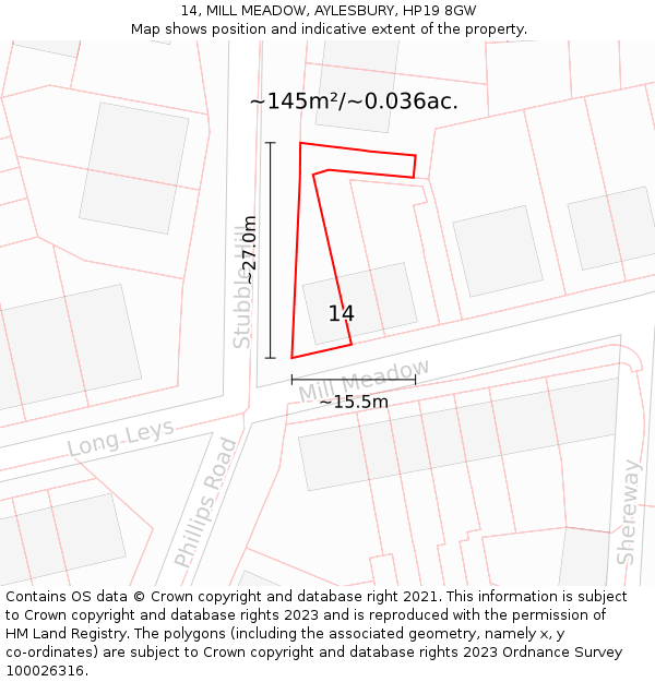 14, MILL MEADOW, AYLESBURY, HP19 8GW: Plot and title map