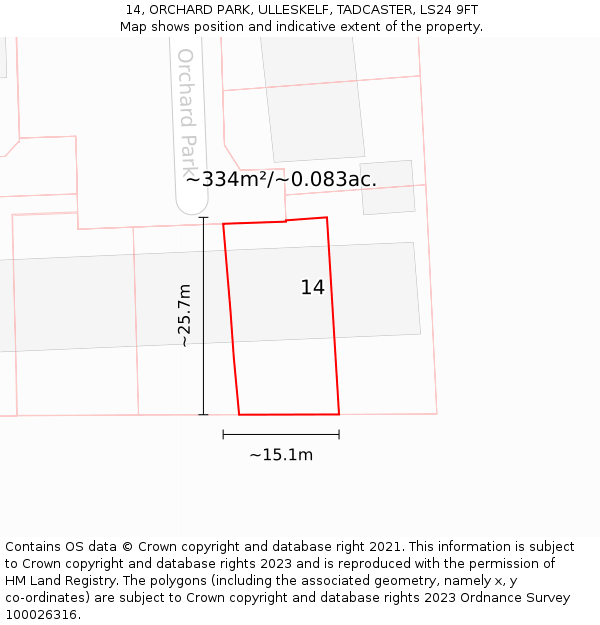 14, ORCHARD PARK, ULLESKELF, TADCASTER, LS24 9FT: Plot and title map